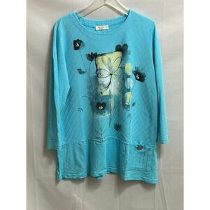 Jess & Jane Women Large Turquoise Blue Abstract Floral Cotton Tunic Top